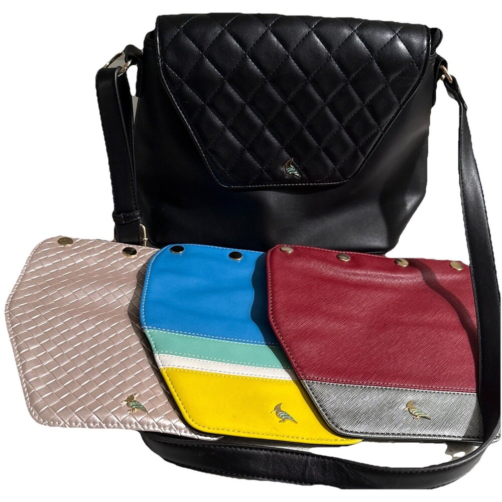 Oneoddbird Black Flap Shoulder Bag Crossbody Purse w/ 3 Interchangeable Flaps